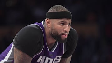 Feb 14, 2017; Los Angeles, CA, USA; Sacramento Kings forward DeMarcus Cousins (15) reacts during a NBA basketball game against the Los Angeles Lakers at Staples Center. The Kings defeated the Lakers 97-96. Mandatory Credit: Kirby Lee-Imagn Images