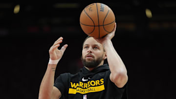 Jan 13, 2025; Toronto, Ontario, CAN; Golden State Warriors guard Stephen Curry (30) during warm up before a game against the Toronto Raptors at Scotiabank Arena. Mandatory Credit: John E. Sokolowski-Imagn Images