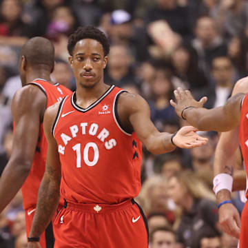 Toronto Raptors guard DeMar DeRozan (10) and guard Norman Powell (24) against the Washington Wizards.