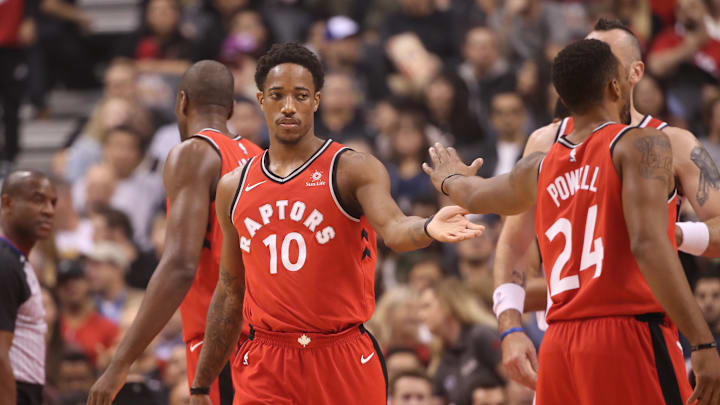 Toronto Raptors guard DeMar DeRozan (10) and guard Norman Powell (24) against the Washington Wizards.