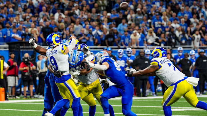 Los Angeles Rams quarterback Matthew Stafford (9) is rushed by Detorit Lions defense during the second half of the Detroit Lions season opener against the Los Angeles Rams at Ford Field in Detroit, on Sunday, Sept. 8. 2024.