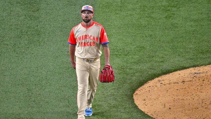 Jul 16, 2024; Arlington, Texas, USA; American League pitcher Kirby Yates of the Texas Rangers (39) pitches against the National League during the eighth inning of the 2024 MLB All-Star game at Globe Life Field. Mandatory Credit: Jerome Miron-USA TODAY Sports