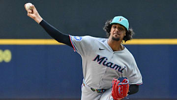 Jul 27, 2025; Milwaukee, Wisconsin, USA;  Miami Marlins starting pitcher Eury Perez (39) throws a pitch in the first inning against the Milwaukee Brewers at American Family Field. Mandatory Credit: Benny Sieu-Imagn Images