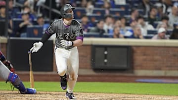 May 10, 2025; New York City, New York, USA; New York Mets third baseman Brett Baty (7) watches his three run home run against the Chicago Cubs during the fourth inning at Citi Field. Mandatory Credit: Gregory Fisher-Imagn Images