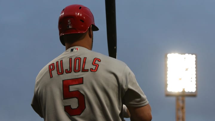 Oct 3, 2022; Pittsburgh, Pennsylvania, USA;  St. Louis Cardinals designated hitter Albert Pujols (5) in the on-deck circle against the Pittsburgh Pirates during the first inning at PNC Park. Mandatory Credit: Charles LeClaire-USA TODAY Sports