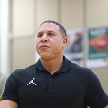 Dec 7, 2019; Scottsdale, AZ, USA; Hillcrest Prep head basketball coach Mike Bibby during the 2019 Hoophall West basketball tournament at Chaparral High School. 