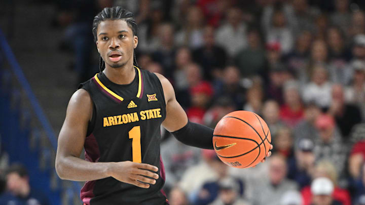 Nov 10, 2024; Spokane, Washington, USA; Arizona State Sun Devils guard Alston Mason (1) controls the ball against the Gonzaga Bulldogs in the second half at McCarthey Athletic Center. Mandatory Credit: James Snook-Imagn Images