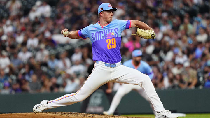 Aug 15, 2025; Denver, Colorado, USA; Colorado Rockies starting pitcher Tanner Gordon (29) delivers a pitch in the fourth inning against the Arizona Diamondbacks at Coors Field. 