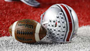 Nov 7, 2015; Columbus, OH, USA; Ohio State Buckeyes helmet prior to the game versus the Minnesota Golden Gophers at Ohio Stadium. Mandatory Credit: Joe Maiorana-Imagn Images