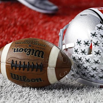 Nov 7, 2015; Columbus, OH, USA; Ohio State Buckeyes helmet prior to the game versus the Minnesota Golden Gophers at Ohio Stadium. Mandatory Credit: Joe Maiorana-Imagn Images