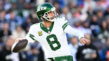 Oct 27, 2024; Foxborough, Massachusetts, USA; New York Jets quarterback Aaron Rodgers (8) looks to pass against the New England Patriots during the second half at Gillette Stadium.