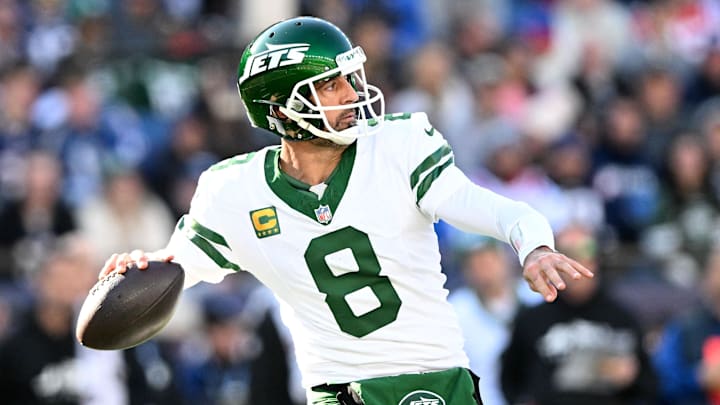 Oct 27, 2024; Foxborough, Massachusetts, USA; New York Jets quarterback Aaron Rodgers (8) looks to pass against the New England Patriots during the second half at Gillette Stadium. Oct 27, 2024; Foxborough, Massachusetts, USA; New York Jets quarterback Aaron Rodgers (8) looks to pass against the New England Patriots during the second half at Gillette Stadium.