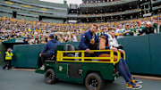 Green Bay Packers tight end Tucker Kraft is carted off the field after suffering a knee injury against the Carolina Panthers on Sunday, November 2, 2025, at Lambeau Field in Green Bay, Wis. The Panthers won the game, 16-13, on a 49-yard field goal as time expired.