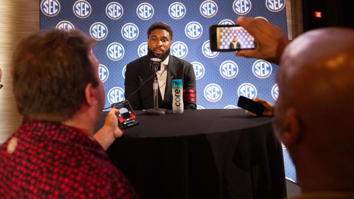 Mississippi State linebacker John Lewis speaking to the media at Omni Dallas Hotel.