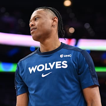 Apr 5, 2025; Philadelphia, Pennsylvania, USA; Minnesota Timberwolves guard Jaylen Clark (22) warms up before the game against the Philadelphia 76ers at Wells Fargo Center. Mandatory Credit: Kyle Ross-Imagn Images