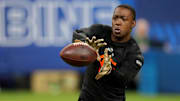 Mar 1, 2025; Indianapolis, IN, USA; Colorado wideout Lajohntay Wester (WO46) during the 2025 NFL Combine at Lucas Oil Stadium. Mandatory Credit: Kirby Lee-Imagn Images