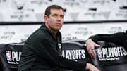 Apr 17, 2022; Boston, Massachusetts, USA; Boston Celtics President of Basketball Operations Brad Stevens
on the court sideline before the start of the first round against the Boston Celtics for the 2022 NBA playoffs at TD Garden. Mandatory Credit: David Butler II-Imagn Images