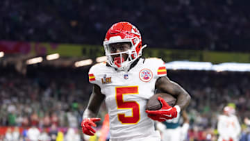 Feb 9, 2025; New Orleans, LA, USA;  Kansas City Chiefs wide receiver Marquise Brown (5) against the Philadelphia Eagles in Super Bowl LIX at Ceasars Superdome. Mandatory Credit: Mark J. Rebilas-Imagn Images