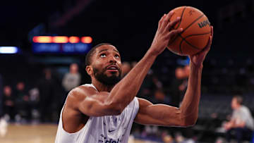 Oct 13, 2024; New York, New York, USA; New York Knicks forward Mikal Bridges (25) warms up before the game against the Minnesota Timberwolves at Madison Square Garden. Mandatory Credit: Vincent Carchietta-Imagn Images