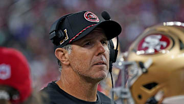 Sep 9, 2024; Santa Clara, California, USA; San Francisco 49ers quarterbacks coach Brian Griese watches the action from the sideline in the third quarter against the New York Jets at Levi's Stadium. Mandatory Credit: David Gonzales-Imagn Images