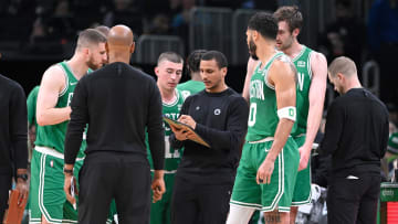 Apr 5, 2024; Boston, Massachusetts, USA; Boston Celtics head coach Joe Mazzulla works with the team during a timeout during the first half against the Sacramento Kings at TD Garden. Mandatory Credit: Eric Canha-USA TODAY Sports