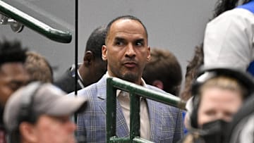 Apr 9, 2025; Dallas, Texas, USA; Dallas Mavericks general manager Nico Harrison during the game between the Dallas Mavericks and the Los Angeles Lakers at American Airlines Center. Mandatory Credit: Jerome Miron-Imagn Images