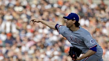 May 10, 2025; Detroit, Michigan, USA;  Texas Rangers starting pitcher Jacob deGrom (48)) pitches in the first inning against the Detroit Tigers at Comerica Park. 