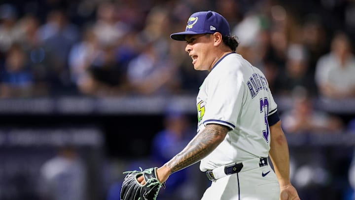 May 24, 2025; Tampa, Florida, USA; Tampa Bay Rays pitcher Manuel Rodriguez (39) reacts after pitching against the Toronto Blue Jays in the eighth inning  at George M. Steinbrenner Field. Mandatory Credit: Nathan Ray Seebeck-Imagn Images