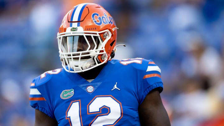 Florida Gators defensive lineman Justus Boone (12) looks on before the game against the South Florida Bulls at Steve Spurrier Field at Ben Hill Griffin Stadium in Gainesville, FL on Saturday, September 17, 2022. [Matt Pendleton/Gainesville Sun]