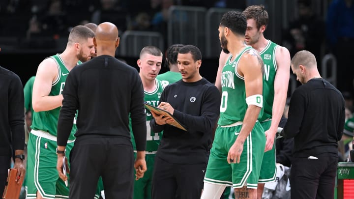 Apr 5, 2024; Boston, Massachusetts, USA; Boston Celtics head coach Joe Mazzulla works with the team during a timeout during the first half against the Sacramento Kings at TD Garden. Mandatory Credit: Eric Canha-USA TODAY Sports