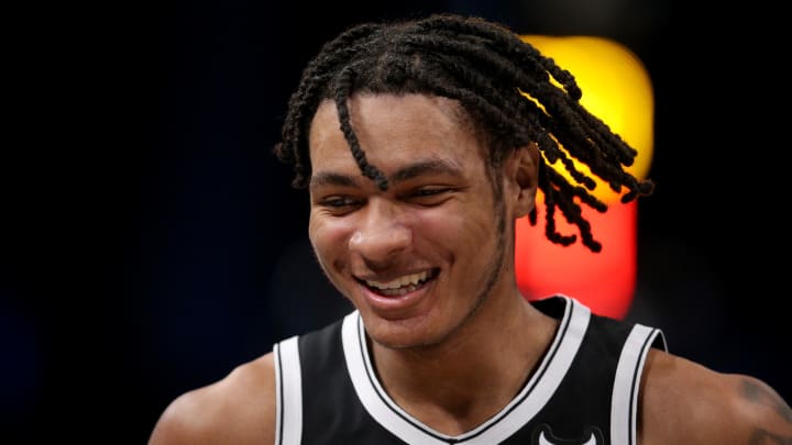 Apr 10, 2024; Brooklyn, New York, USA; Brooklyn Nets forward Noah Clowney (21) during the second quarter against the Toronto Raptors at Barclays Center. Mandatory Credit: Brad Penner-USA TODAY Sports