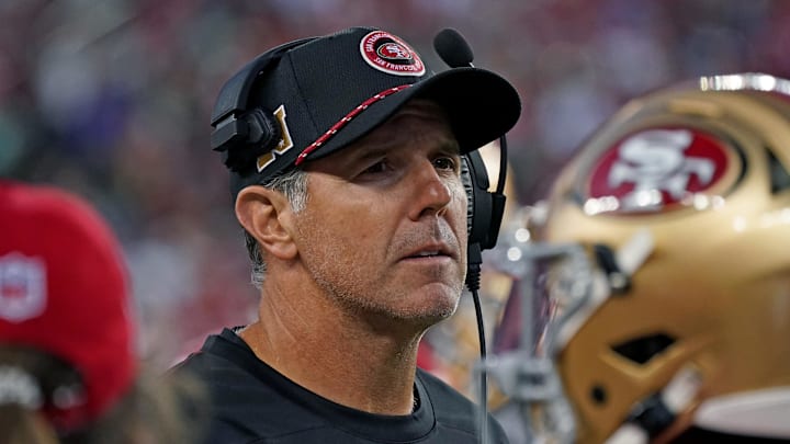 Sep 9, 2024; Santa Clara, California, USA; San Francisco 49ers quarterbacks coach Brian Griese watches the action from the sideline in the third quarter against the New York Jets at Levi's Stadium. Mandatory Credit: David Gonzales-Imagn Images