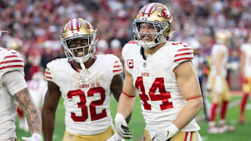 Jan 5, 2025; Glendale, Arizona, USA; San Francisco 49ers running back Patrick Taylor Jr. (32) and fullback Kyle Juszczyk (44) celebrate a touchdown against the Arizona Cardinals at State Farm Stadium.