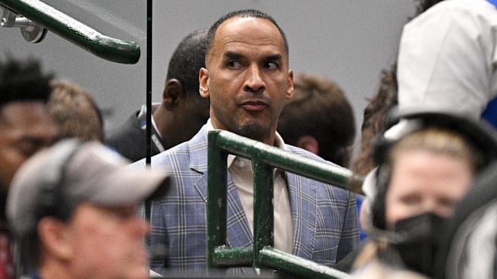 Apr 9, 2025; Dallas, Texas, USA; Dallas Mavericks general manager Nico Harrison during the game between the Dallas Mavericks and the Los Angeles Lakers at American Airlines Center. Mandatory Credit: Jerome Miron-Imagn Images