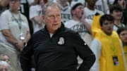 Nov 8, 2025; East Lansing, Michigan, USA;  Michigan State Spartans head coach Tom Izzo watches his squad against Arkansas during the first half at Jack Breslin Student Events Center. Mandatory Credit: Dale Young-Imagn Images