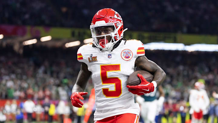 Feb 9, 2025; New Orleans, LA, USA;  Kansas City Chiefs wide receiver Marquise Brown (5) against the Philadelphia Eagles in Super Bowl LIX at Ceasars Superdome. Mandatory Credit: Mark J. Rebilas-Imagn Images