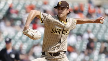 Apr 23, 2025; Detroit, Michigan, USA;  San Diego Padres starting pitcher Kyle Hart (68) pitches in the fourth inning against the Detroit Tigers at Comerica Park. Mandatory Credit: Rick Osentoski-Imagn Images
