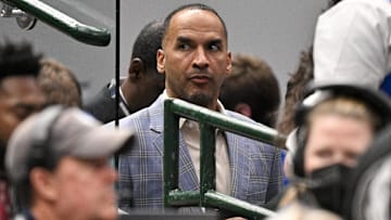 Apr 9, 2025; Dallas, Texas, USA; Dallas Mavericks general manager Nico Harrison during the game between the Dallas Mavericks and the Los Angeles Lakers at American Airlines Center. Mandatory Credit: Jerome Miron-Imagn Images