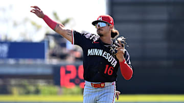 Mar 11, 2025; Dunedin, Florida, USA; Minnesota Twins center fielder Austin Martin (16) warms up before the game against the Toronto Blue Jays during spring training  at TD Ballpark. Mandatory Credit: Jonathan Dyer-Imagn Images