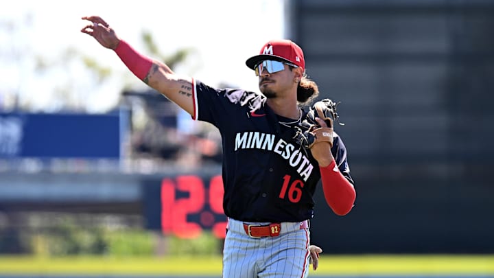Mar 11, 2025; Dunedin, Florida, USA; Minnesota Twins center fielder Austin Martin (16) warms up before the game against the Toronto Blue Jays during spring training  at TD Ballpark. Mandatory Credit: Jonathan Dyer-Imagn Images