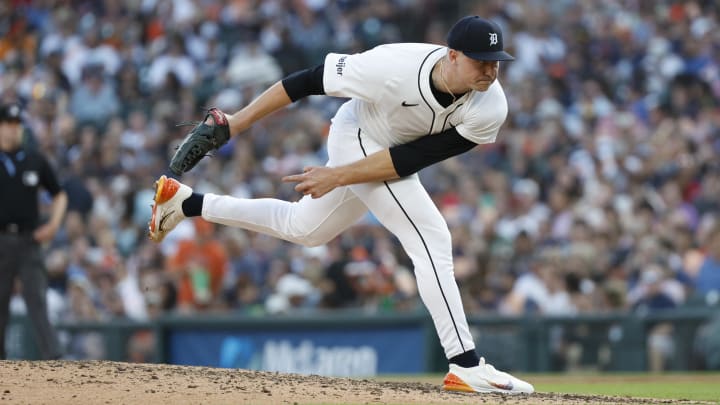 Jul 27, 2024; Detroit, Michigan, USA; Detroit Tigers pitcher Tarik Skubal (29) throws during the seventh inning of the game against the Minnesota Twins at Comerica Park.