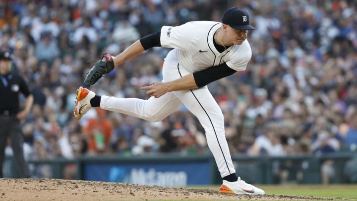 Jul 27, 2024; Detroit, Michigan, USA; Detroit Tigers pitcher Tarik Skubal throws a pitch.