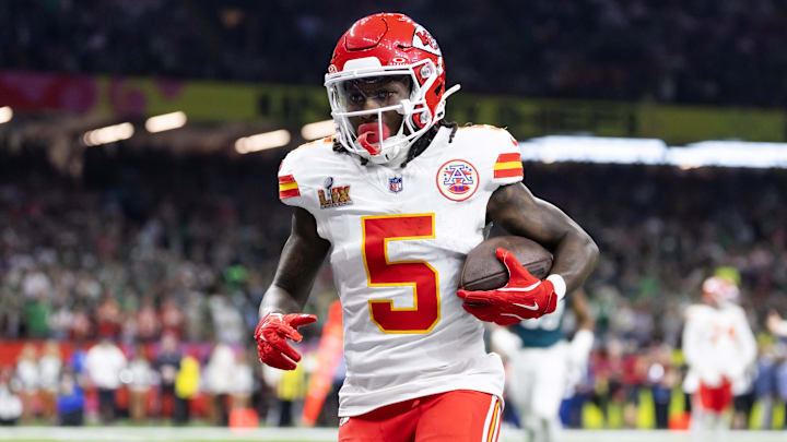 Feb 9, 2025; New Orleans, LA, USA; Kansas City Chiefs wide receiver Marquise Brown (5) against the Philadelphia Eagles in Super Bowl LIX at Caesars Superdome. Mandatory Credit: Mark J. Rebilas-Imagn Images