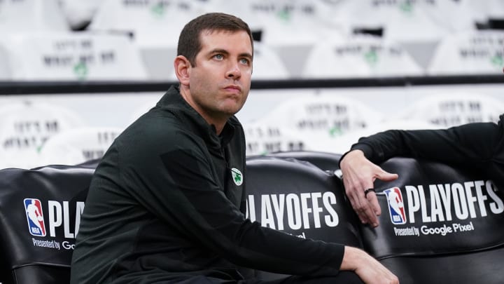 Apr 17, 2022; Boston, Massachusetts, USA; Boston Celtics President of Basketball Operations Brad Stevens
on the court sideline before the start of the first round against the Boston Celtics for the 2022 NBA playoffs at TD Garden. Mandatory Credit: David Butler II-USA TODAY Sports