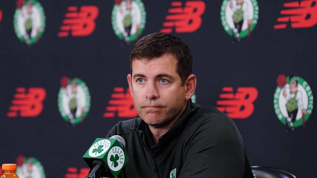 Boston Celtics president of basketball operations Brad Stevens talks to reporters during media day at the Auerbach Center.