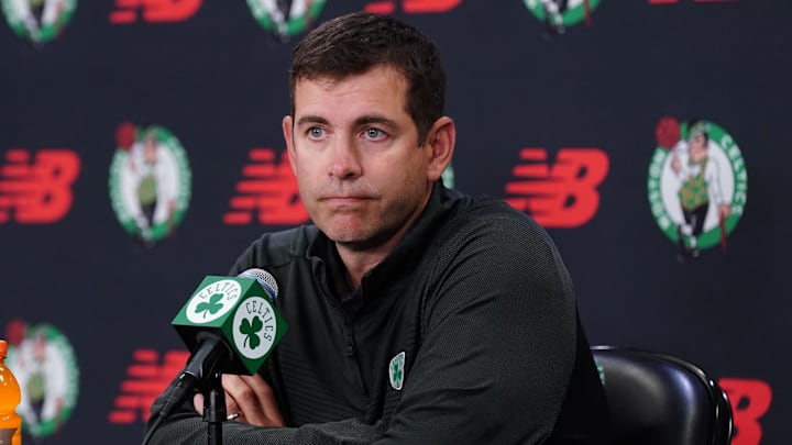 Boston Celtics president of basketball operations Brad Stevens talks to reporters during media day at the Auerbach Center.