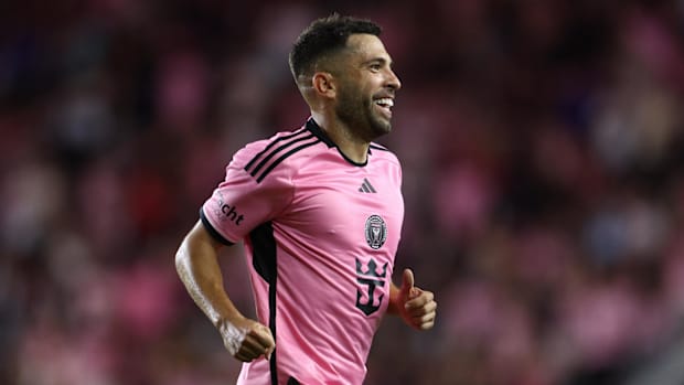 Inter Miami CF defender Jordi Alba (18) celebrates a second half goal against Atlanta United.