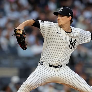 May 7, 2025; Bronx, New York, USA; New York Yankees starting pitcher Max Fried (54) pitches against the San Diego Padres during the second inning at Yankee Stadium. 