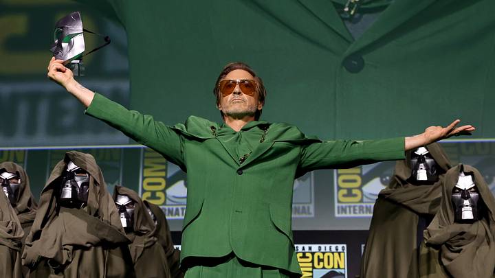 Robert Downey Jr. speaks onstage during the Marvel Studios Panel in Hall H at SDCC in San Diego, California on July 27, 2024