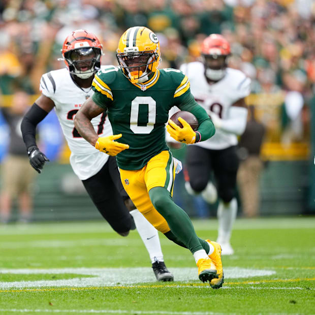 Green Bay Packers wide receiver Matthew Golden (0) runs after a catch against the Bengals.